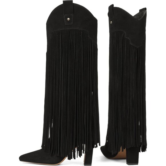 Women's Black Suede Knee High Fringe Boots Chunky Heel Tall Shoes Pull-On Party - Picture 3 of 6
